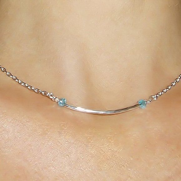 Sky Blue Crystal Silver Tube Necklace/ Silver Bar Layering Chain Choker - Picture 1 of 4